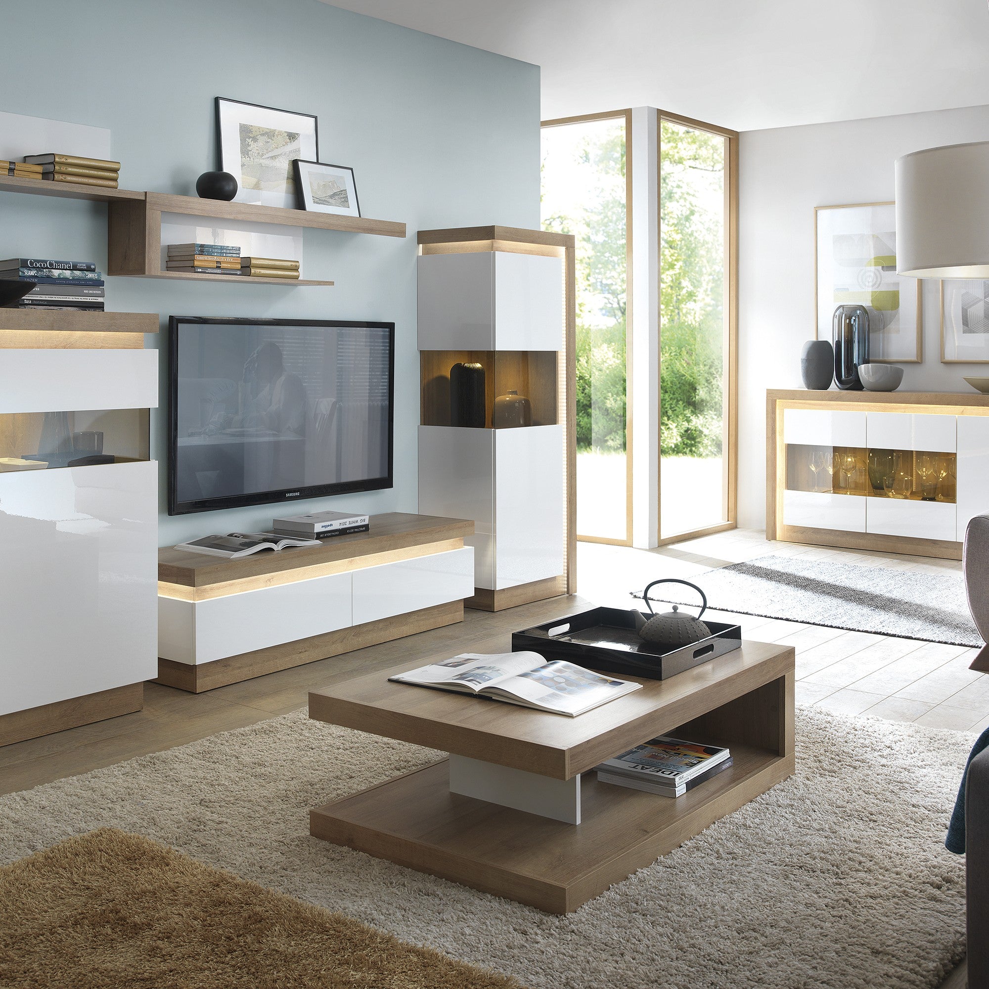 Axton Woodlawn Narrow Display Cabinet (LHD) 164.1cm High In Riviera Oak/White High Gloss