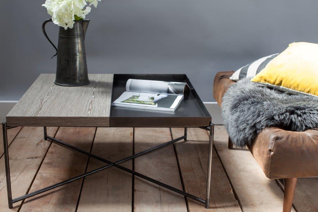 Gillmore Space Iris Square Coffee Table Weathered Oak Top & Gun Metal Tray 