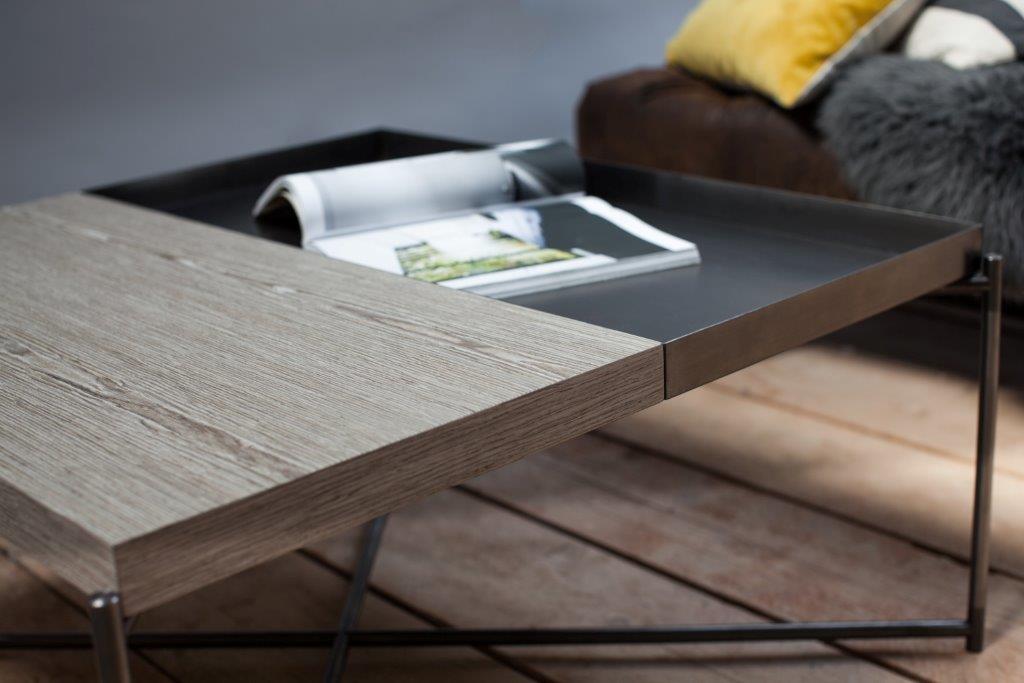 Gillmore Space Iris Square Coffee Table Weathered Oak Top & Gun Metal Tray 